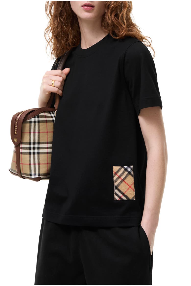 Check Cashmere Patch Cotton T-shirt, Main, color, Black