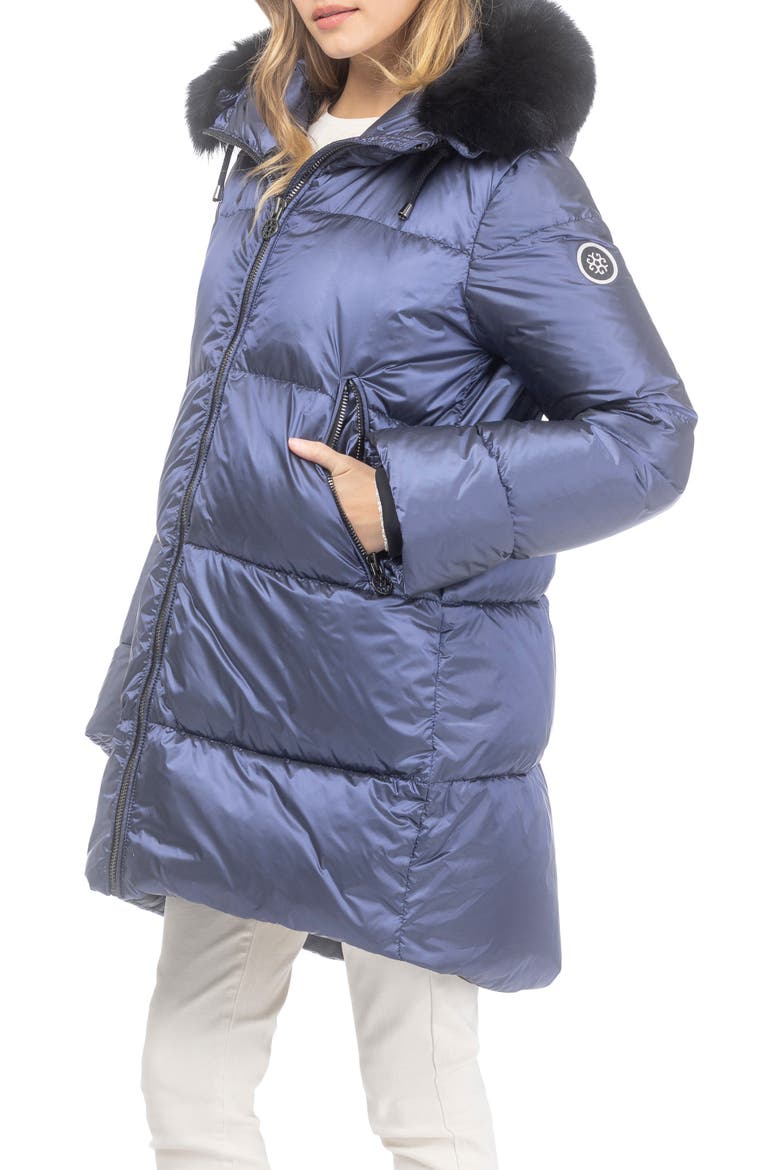 Apres-Ski Horizontal Jacket With Detachable Genuine Shearling Hood Trim, Alternate, color, OCEAN BLUE/BLACK