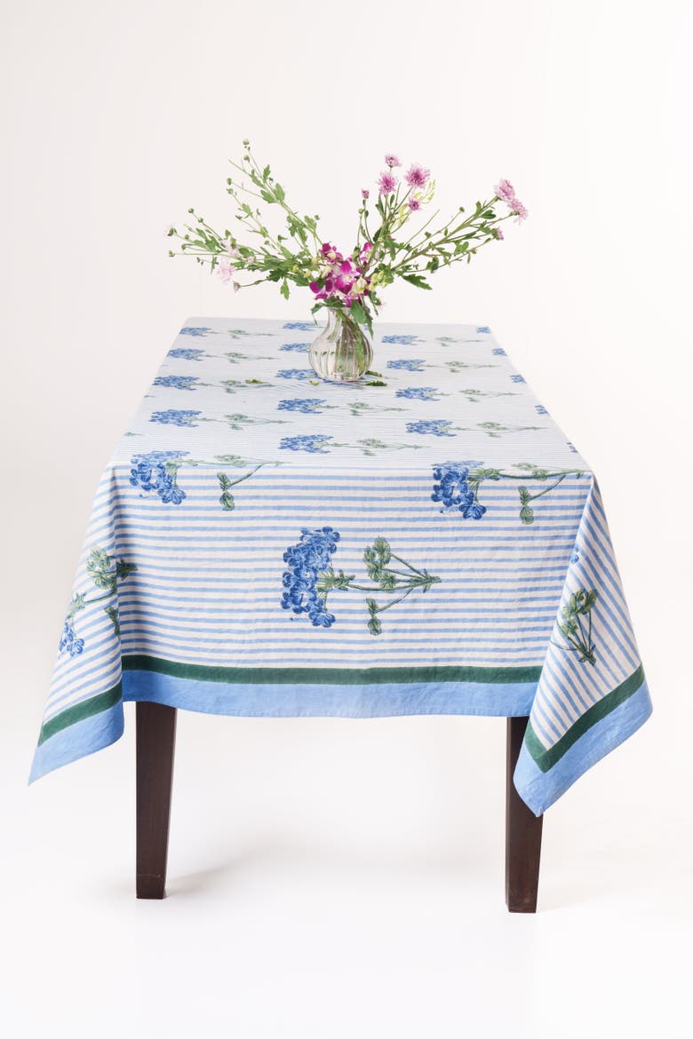 Hydrangea Blockprint Tablecloth, Alternate, color, Blue - 70x120