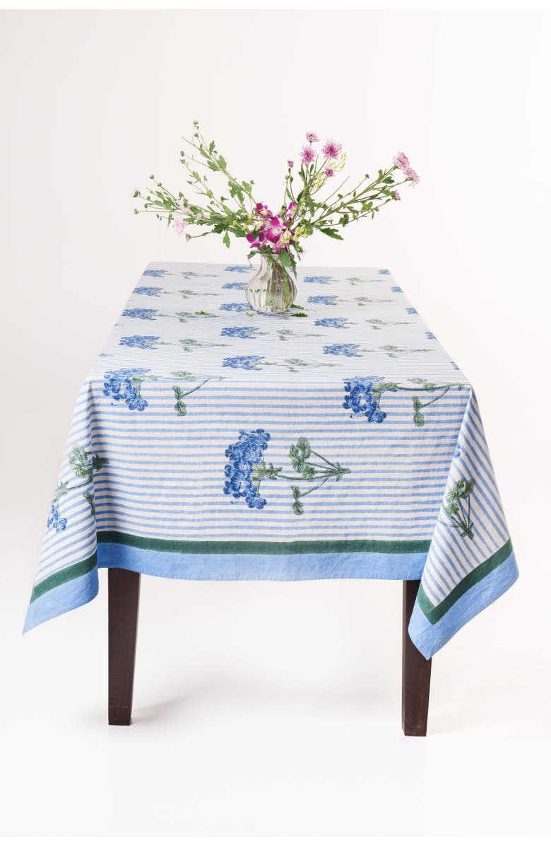 Inner Child Hydrangea Blockprint Tablecloth, Alternate, color, Blue - 70X120