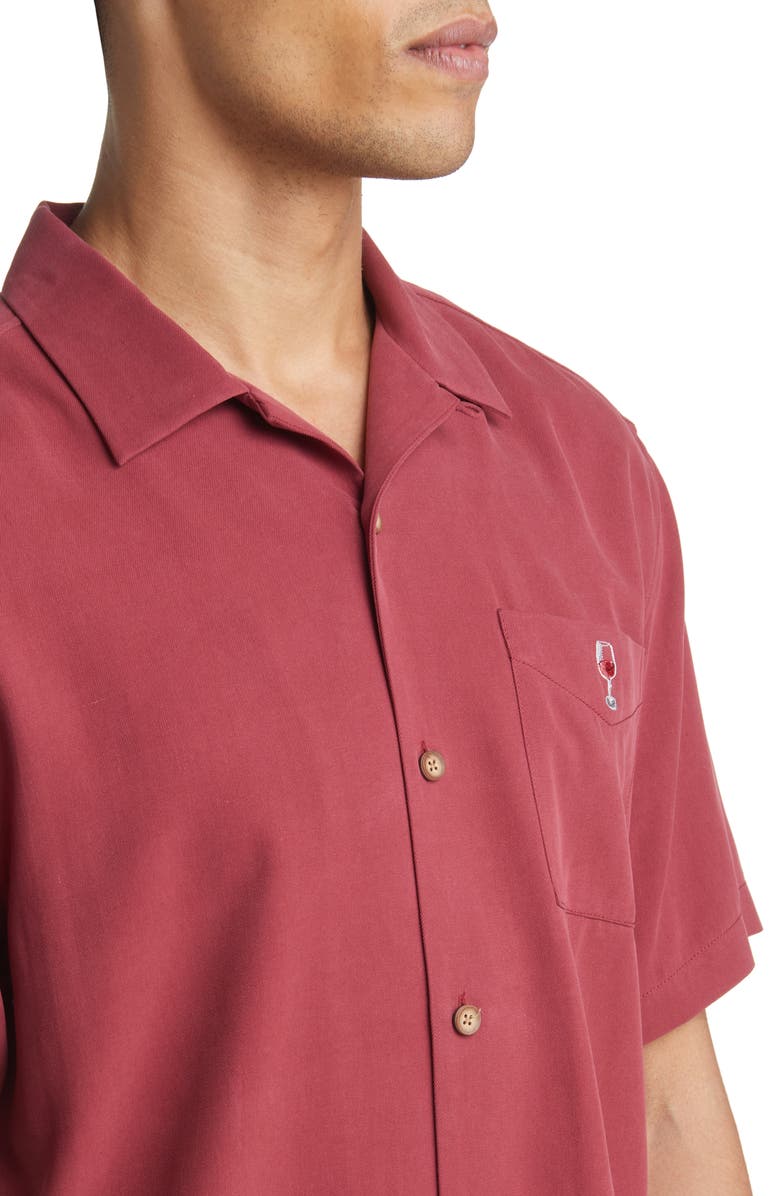 Tommy Bahama Grape Minds Drink Alike Short Sleeve Silk Button-Up Camp Shirt, Alternate, color, Dark Cherry