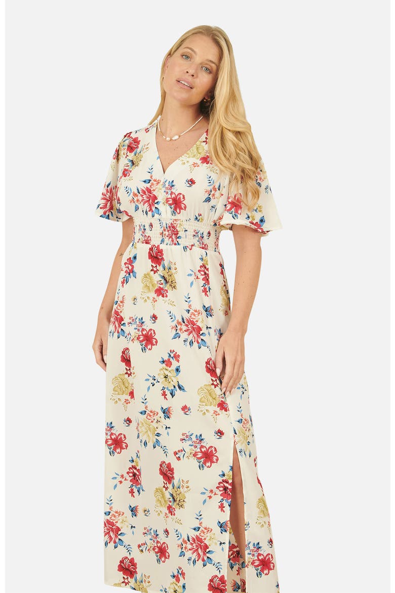 Ruched Waist V-Neck Midi Dress, Alternate, color, Ivory