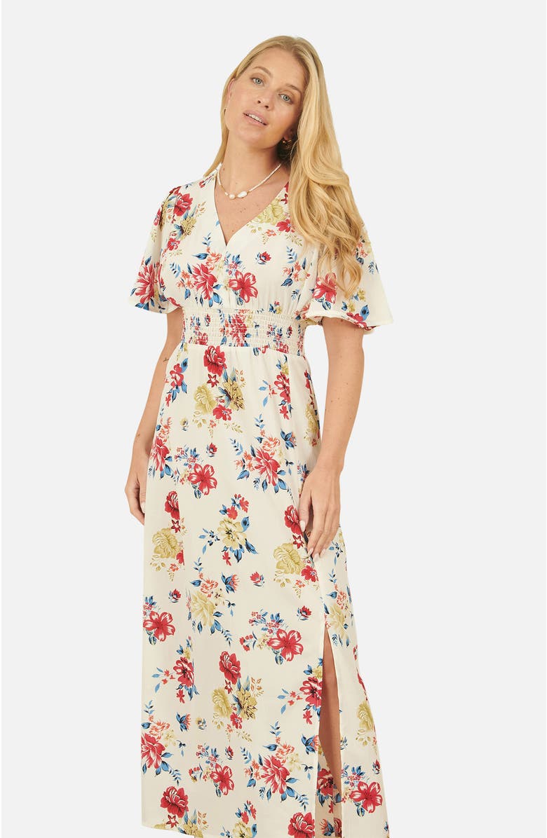 Yumi Ruched Waist V-Neck Midi Dress, Alternate, color, Ivory