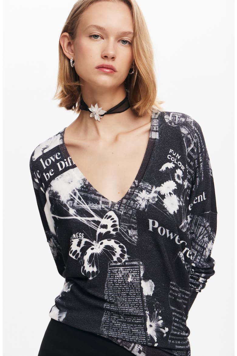 Kawartha Lakes Print V-Neck Sweater, Alternate, color, BLACK