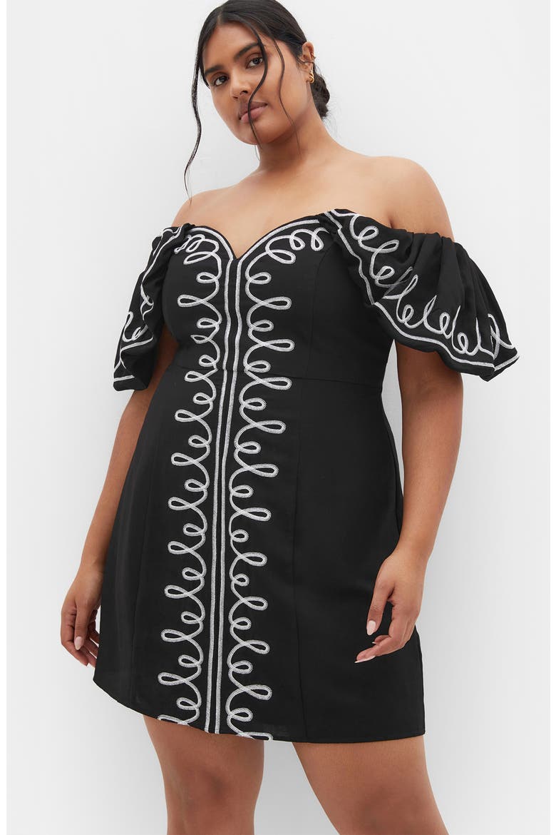 Hana Embroidered Off the Shoulder Minidress, Alternate, color, BLACK