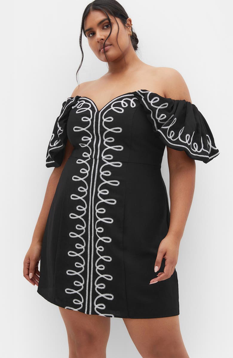 City Chic Hana Embroidered Off the Shoulder Minidress, Alternate, color, Black