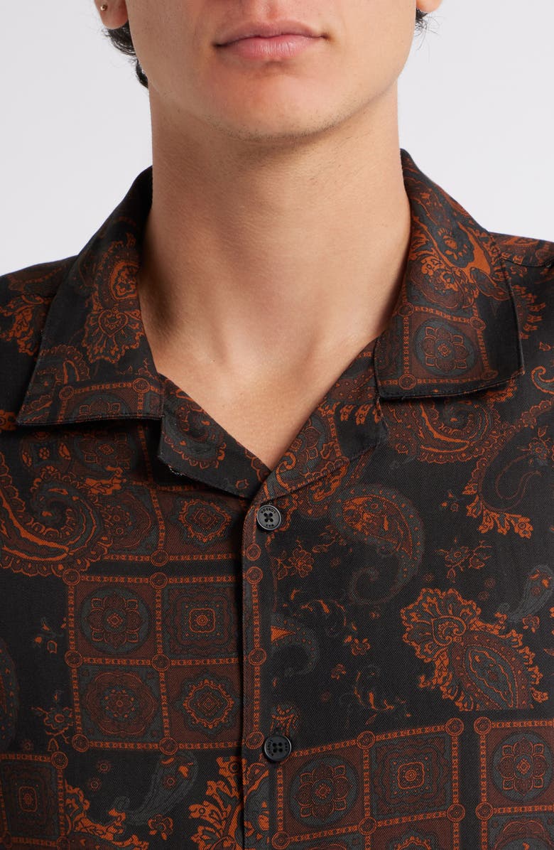 Wax London Didicot Geo & Paisley Print Lyocell Camp Shirt, Alternate, color, Black / Brown