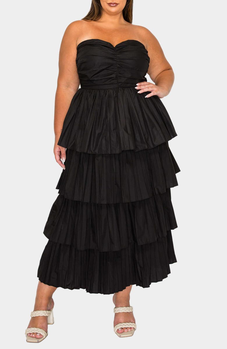L I V D Eleni Strapless Pleated Tiered Cocktail Dress, Main, color, Black