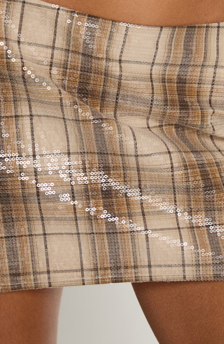 Princess Polly Cherice Sequin Plaid Miniskirt, Alternate, color, Beige Plaid
