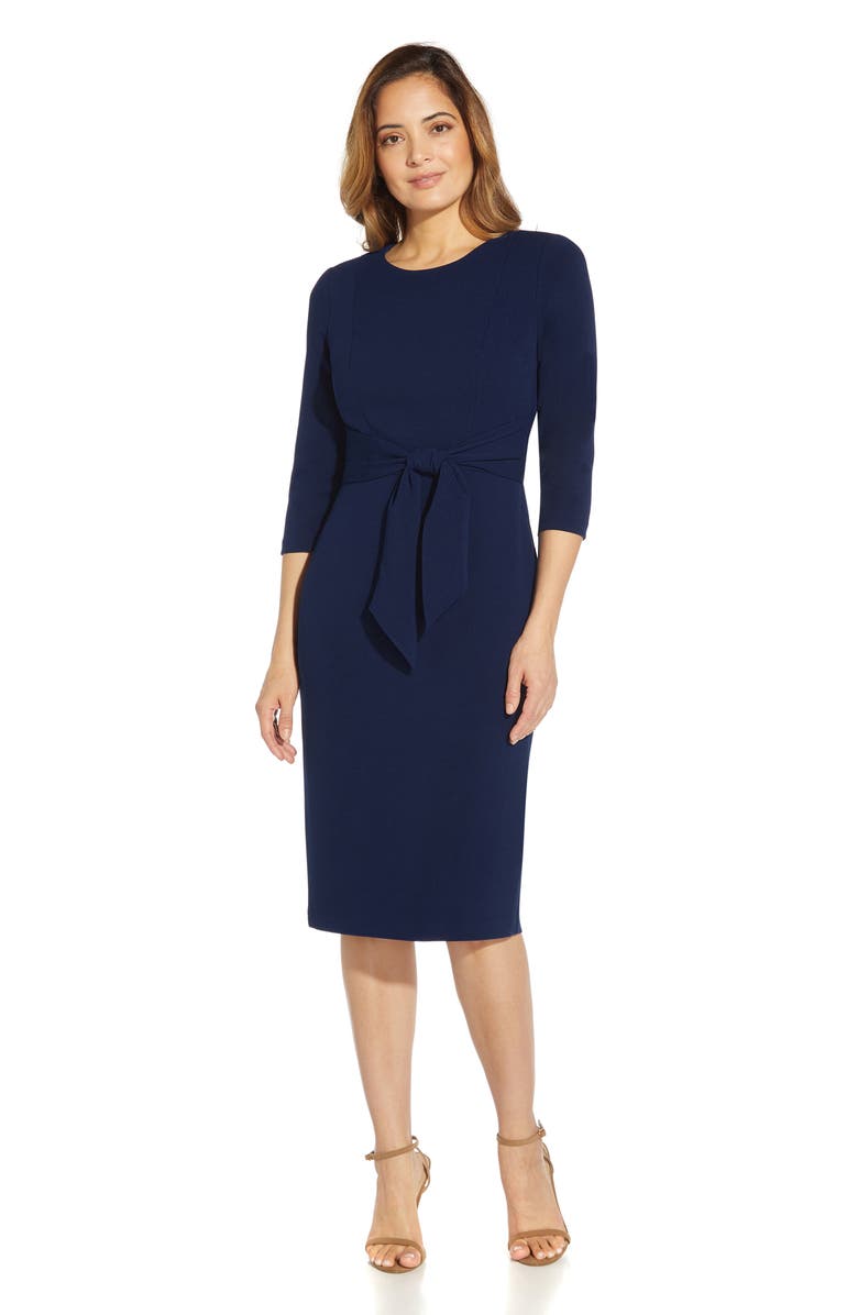 Adrianna Papell Tie Waist Crepe Sheath Dress, Alternate, color, Navy Sateen