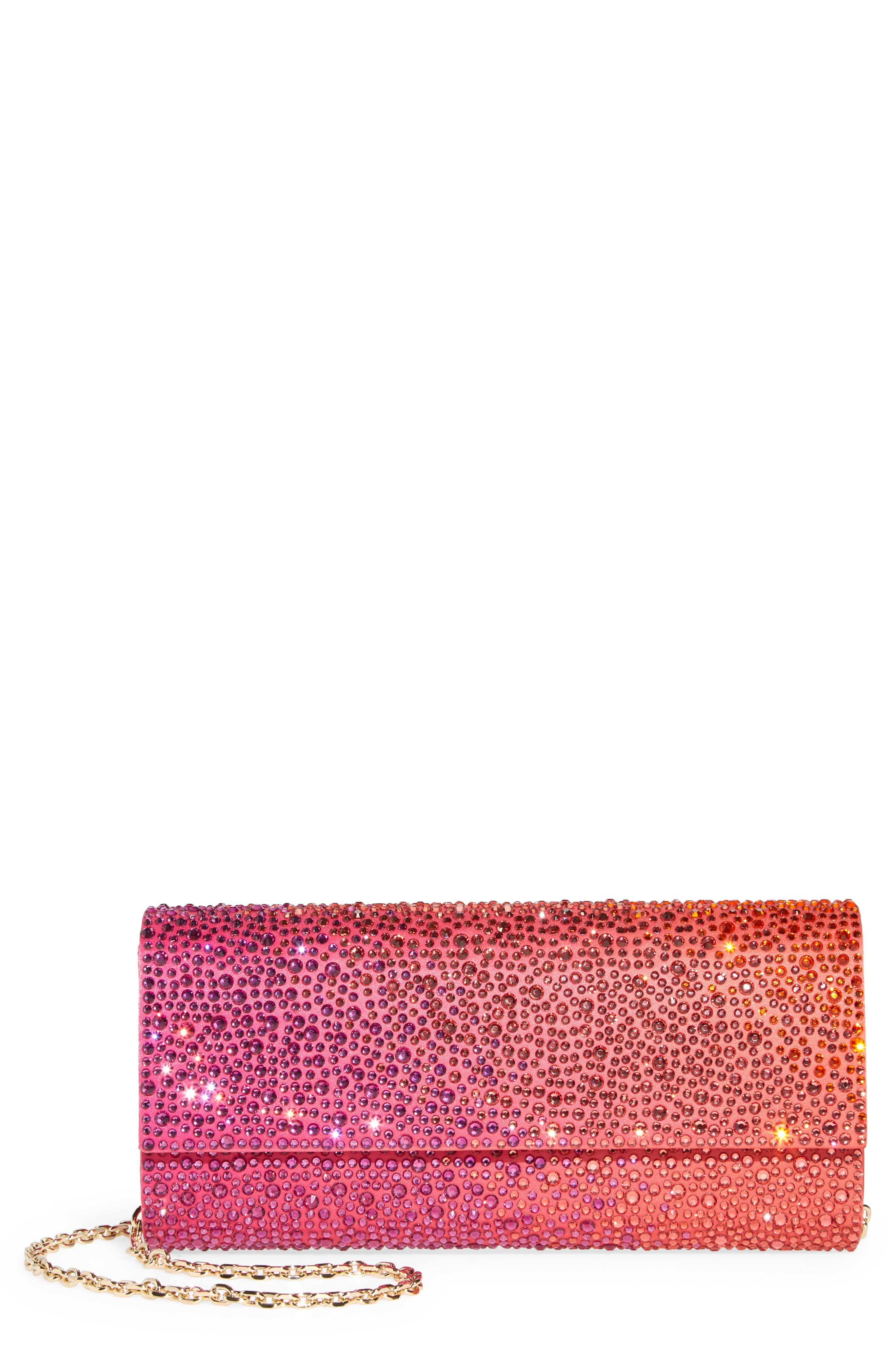 Perry Crystal Embellished Satin Clutch, Main, color, CHAMPAGNE FLAME