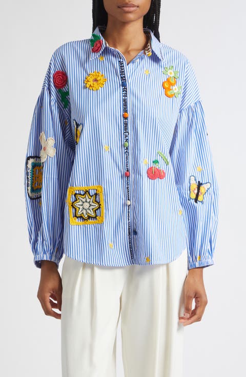 Magic of the Mercado Stripe Balloon Sleeve Cotton Button-Up Shirt