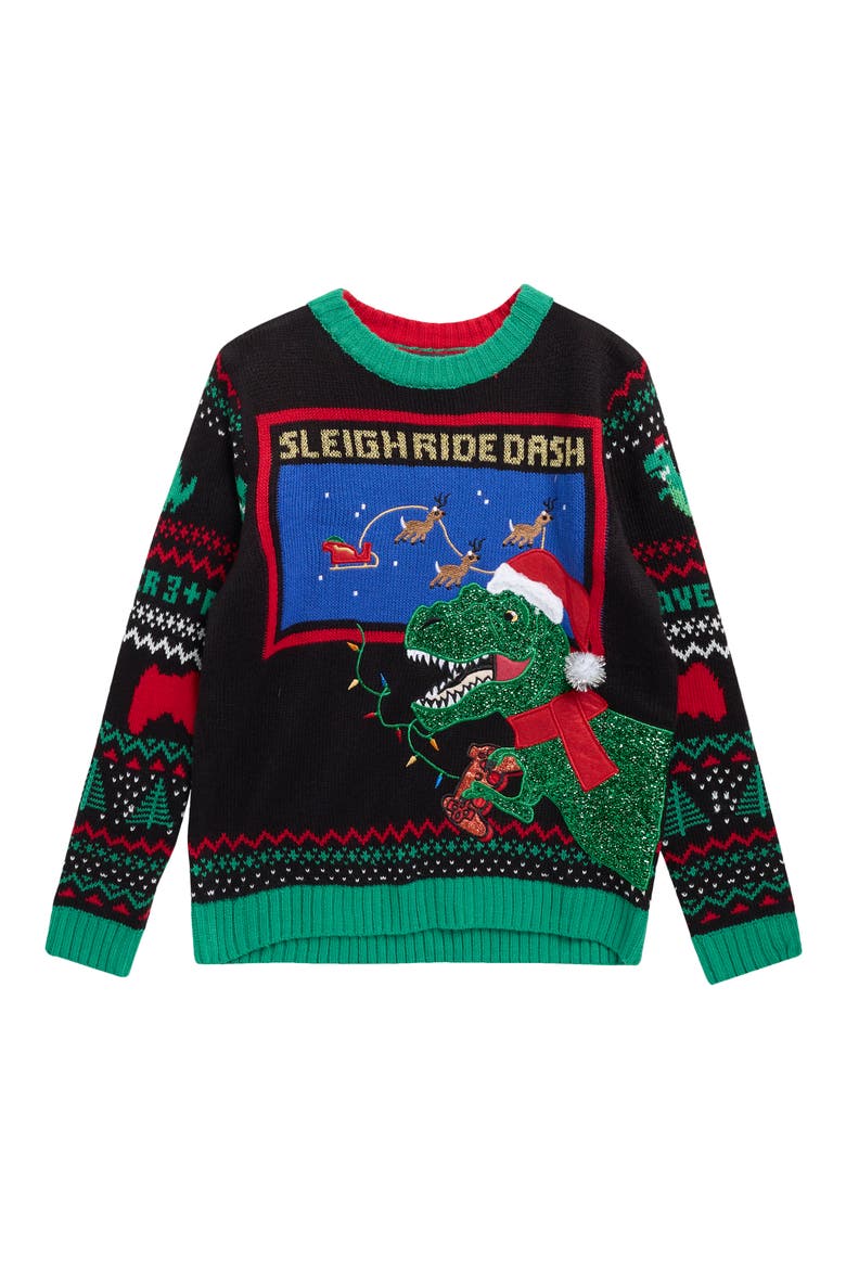 Kids' Santa T-Rex Sweater, Main, color, BLACK