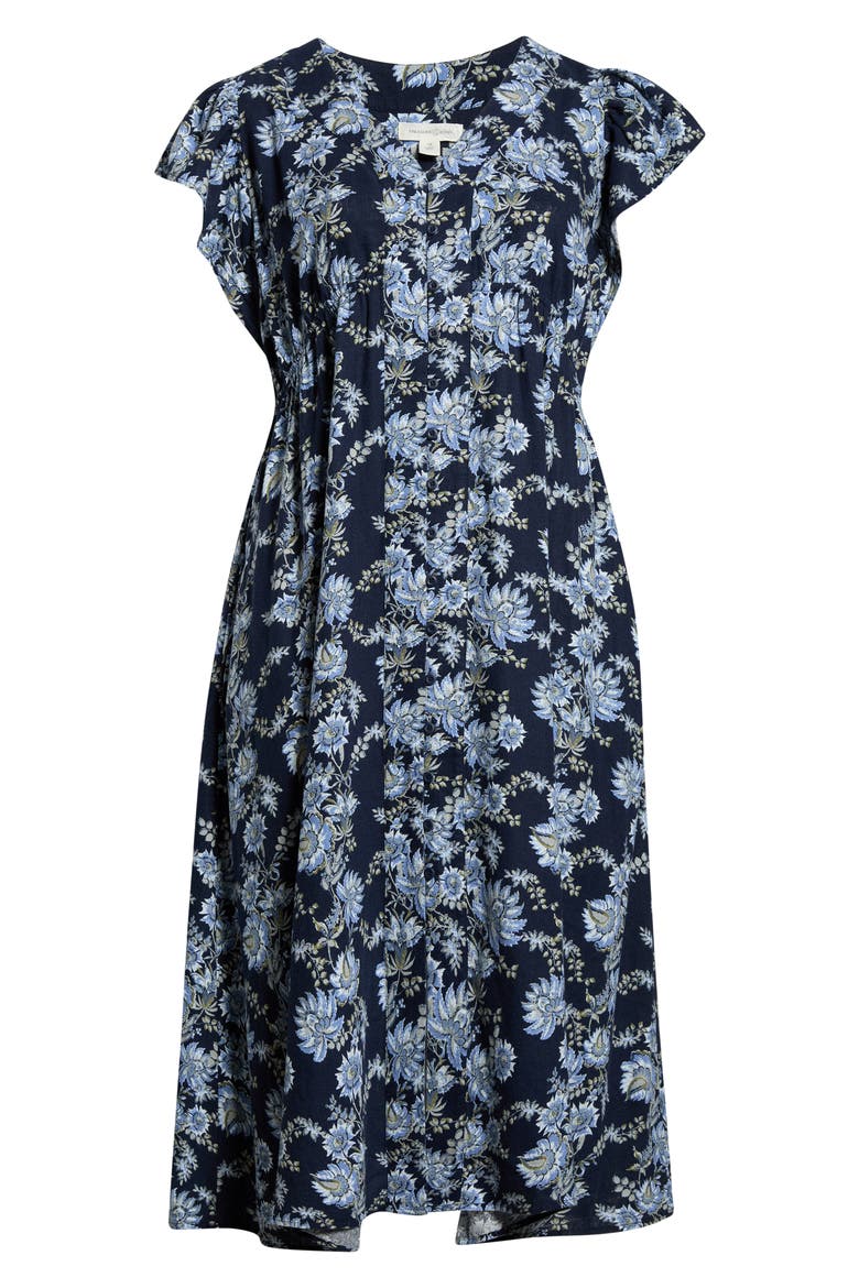 Short Sleeve Button Down Linen Blend Midi Dress, Alternate, color, NAVY COTTAGE FLORAL STRIPE