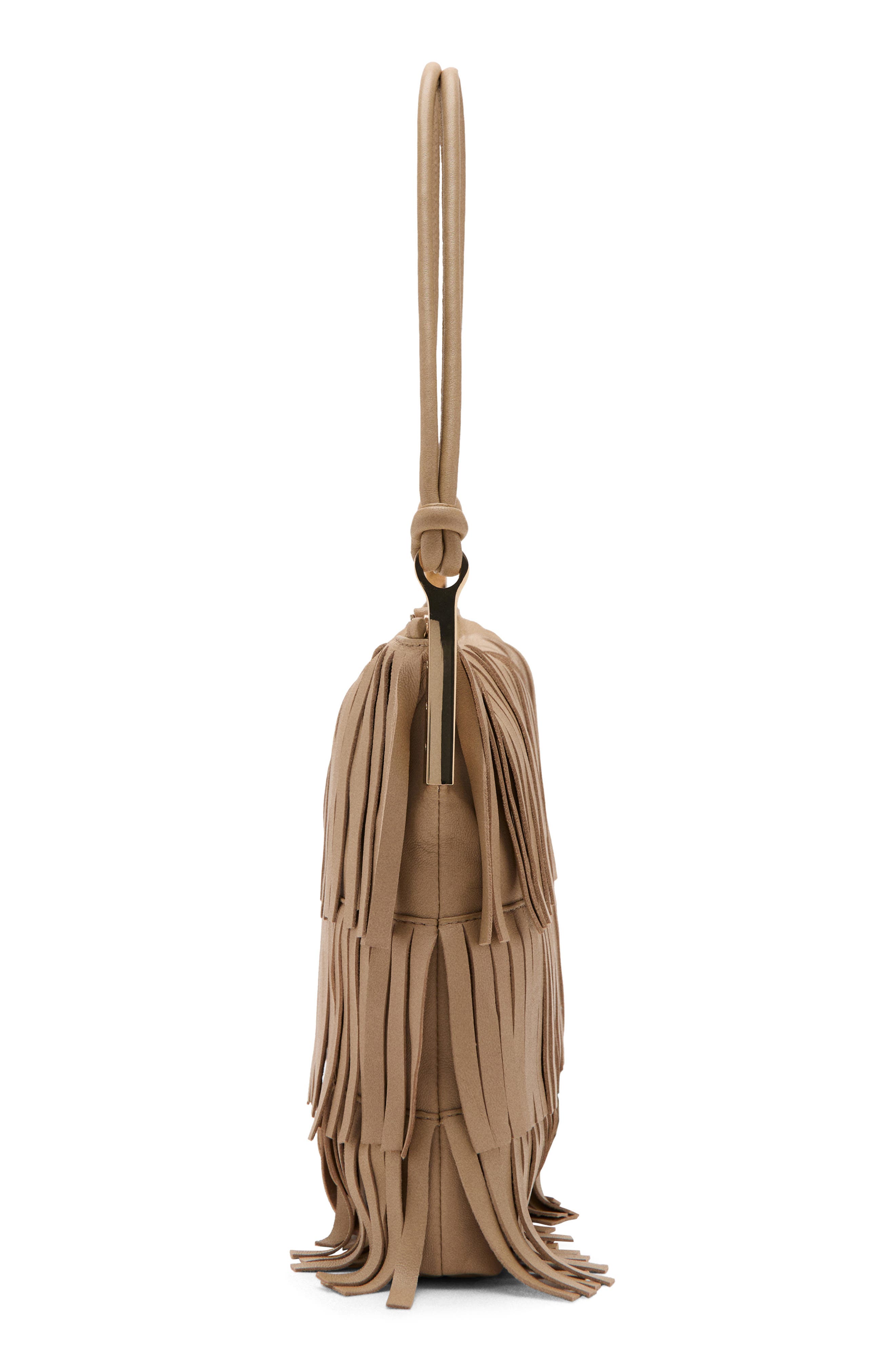 MANGO Large Fringe Leather Shoulder Bag, Alternate, color, Beige