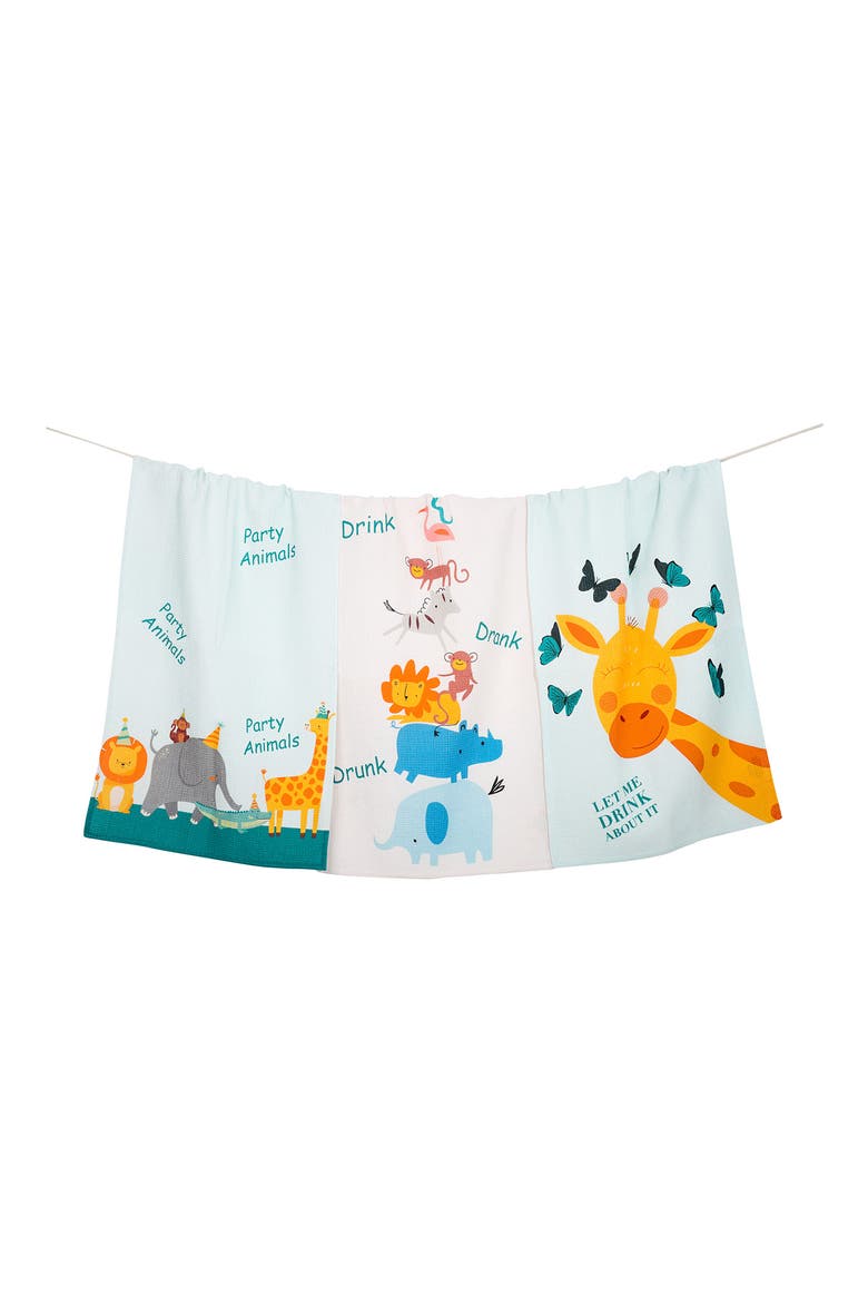 Party Animals Set of 3 Kitchen Towels, Main, color, LIGHT BLUE/ MULTI-COLOR
