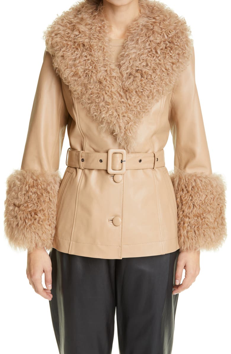 Saks Potts Genuine Shearling Trim Short Leather Jacket, Main, color, 