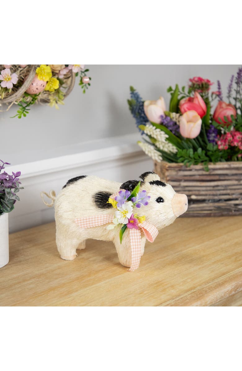 Northlight Spotted Piglet with Bow and Flowers Spring Figurine - 9", Alternate, color, White