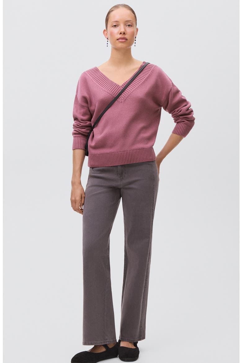 Wide V-Neck Cotton Sweater, Alternate, color, CHERRY