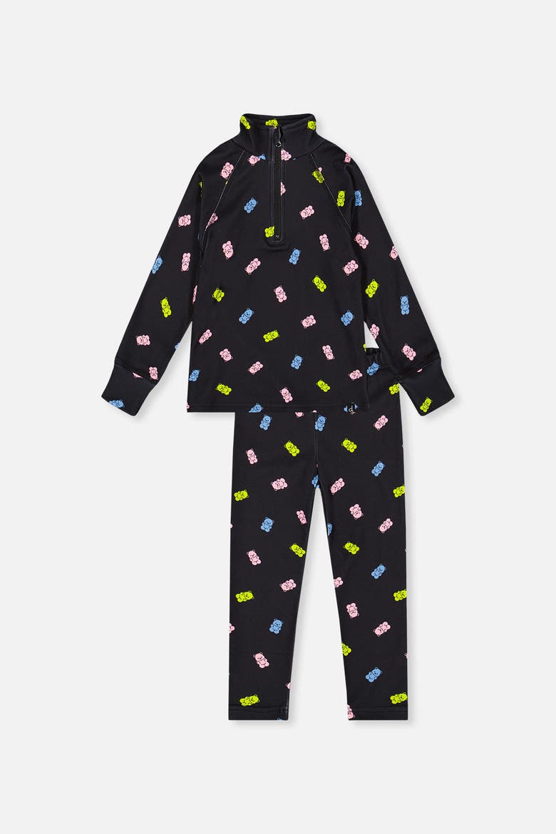 Two Piece Gummy Bears Brushed Half-Zip Top & Pants Thermal Underwear, Main, color, Black Printed Gummy Bears