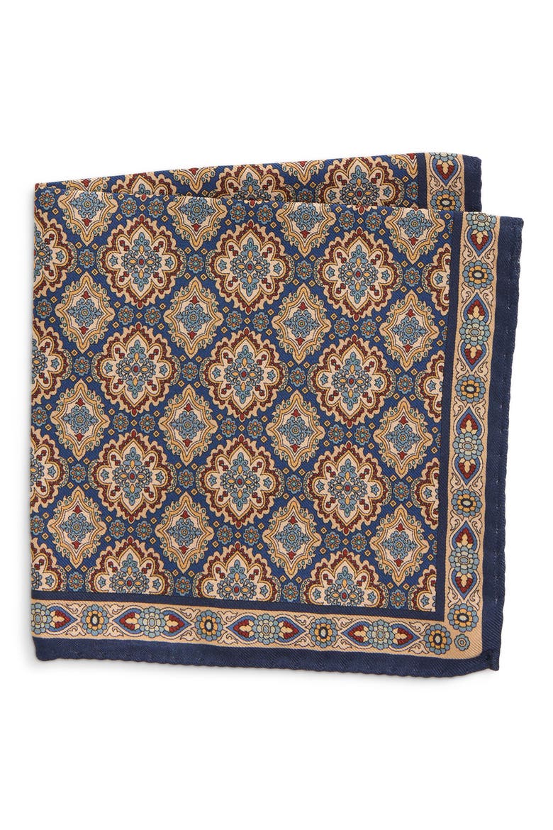 Medallion Silk Twill Pocket Square, Main, color, NAVY