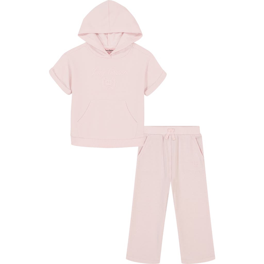 Shop Juicy Couture Kids' Short Sleeve Hoodie & Fleece Pants Set In Pink