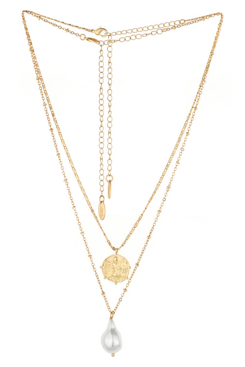 Cultured Freshwater Pearl & Coin Charm Layered Necklace, Alternate, color, GOLD