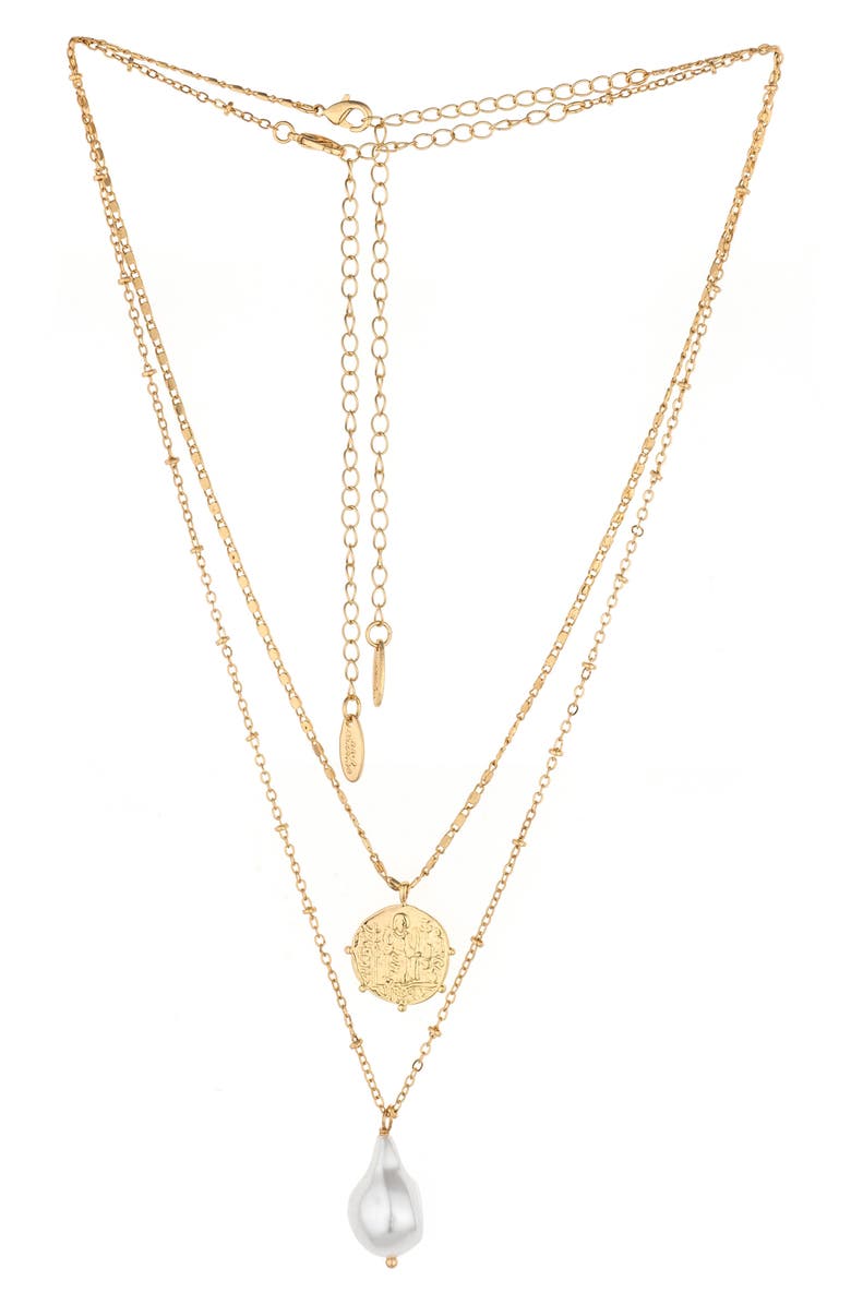 Ettika Cultured Freshwater Pearl & Coin Charm Layered Necklace, Alternate, color, Gold
