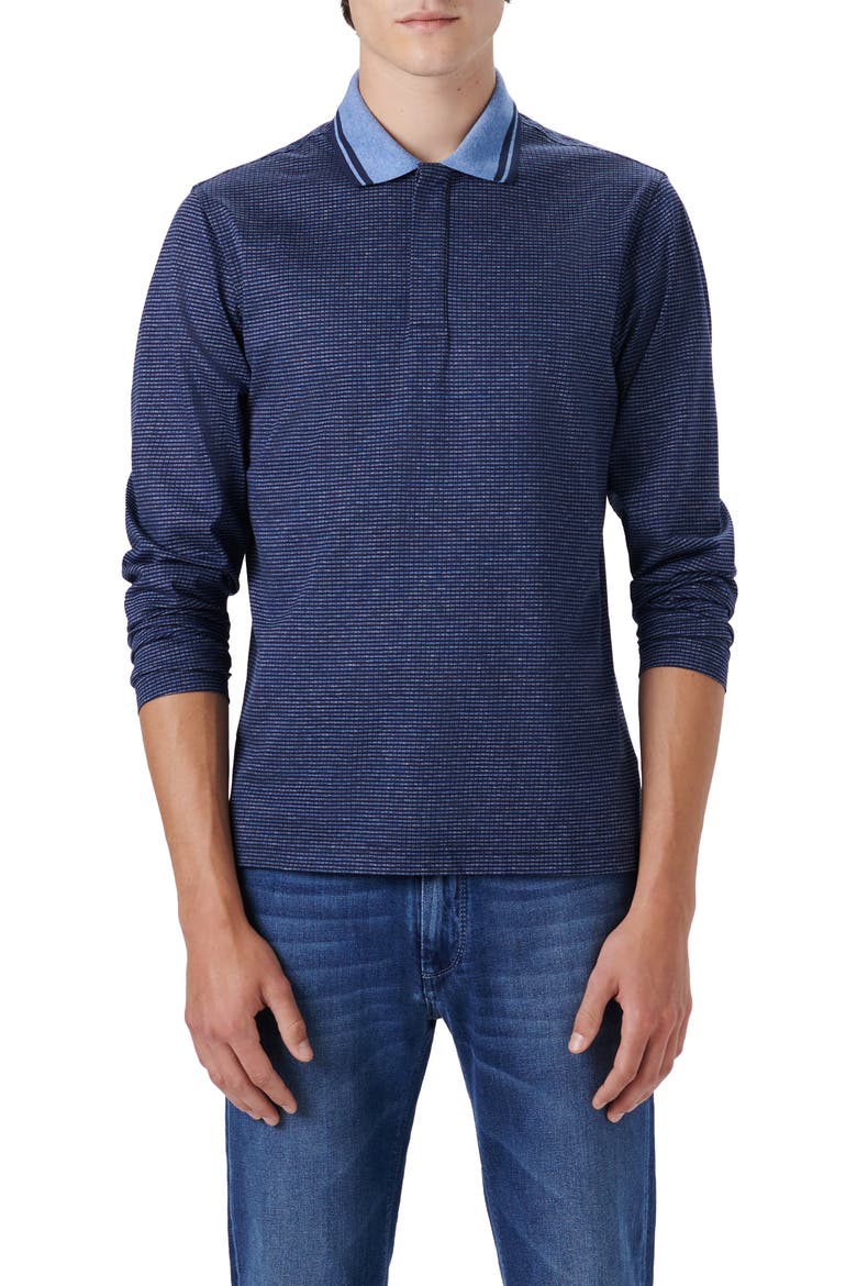 OoohCotton® Pin Check Long Sleeve Polo Shirt, Main, color, NAVY