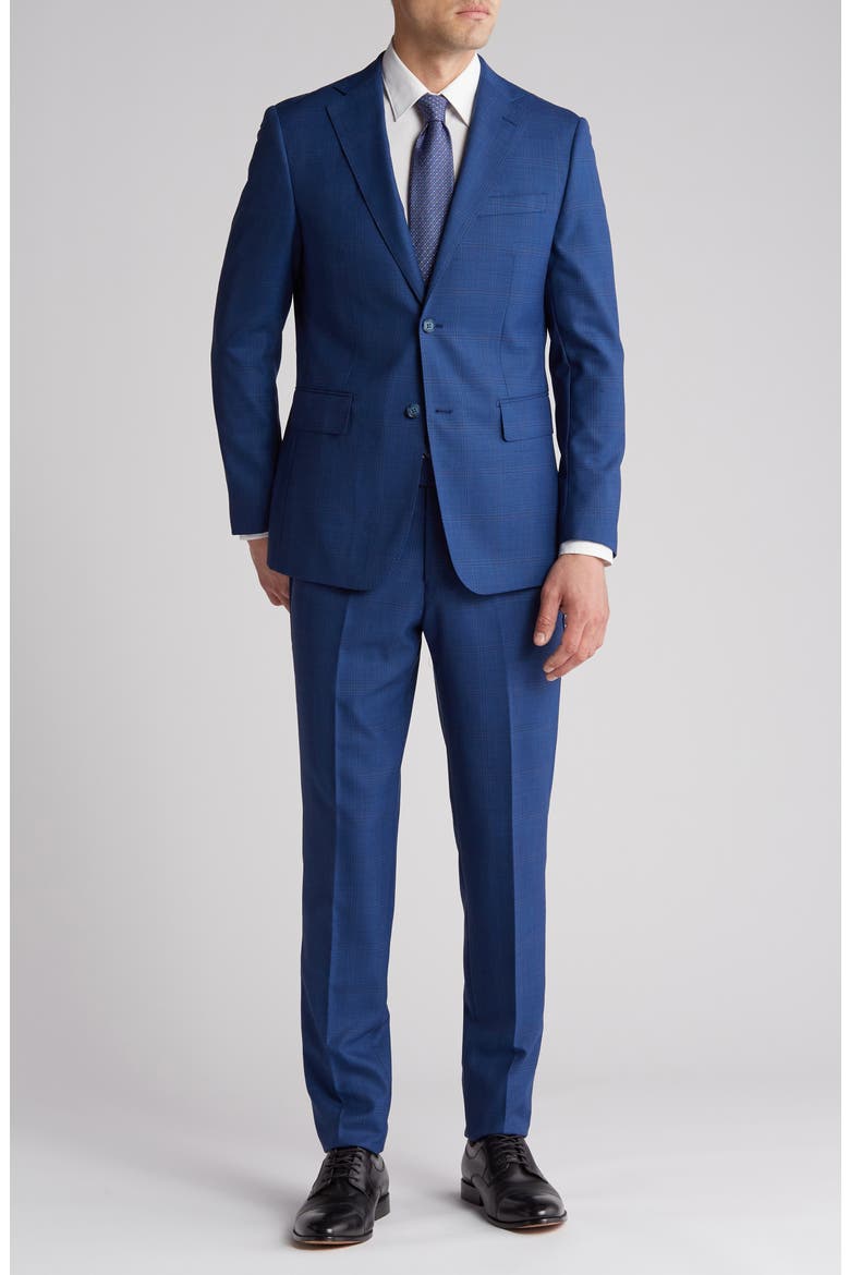 Plaid Trim Fit Wool Blend Two-Piece Suit, Main, color, NAVY