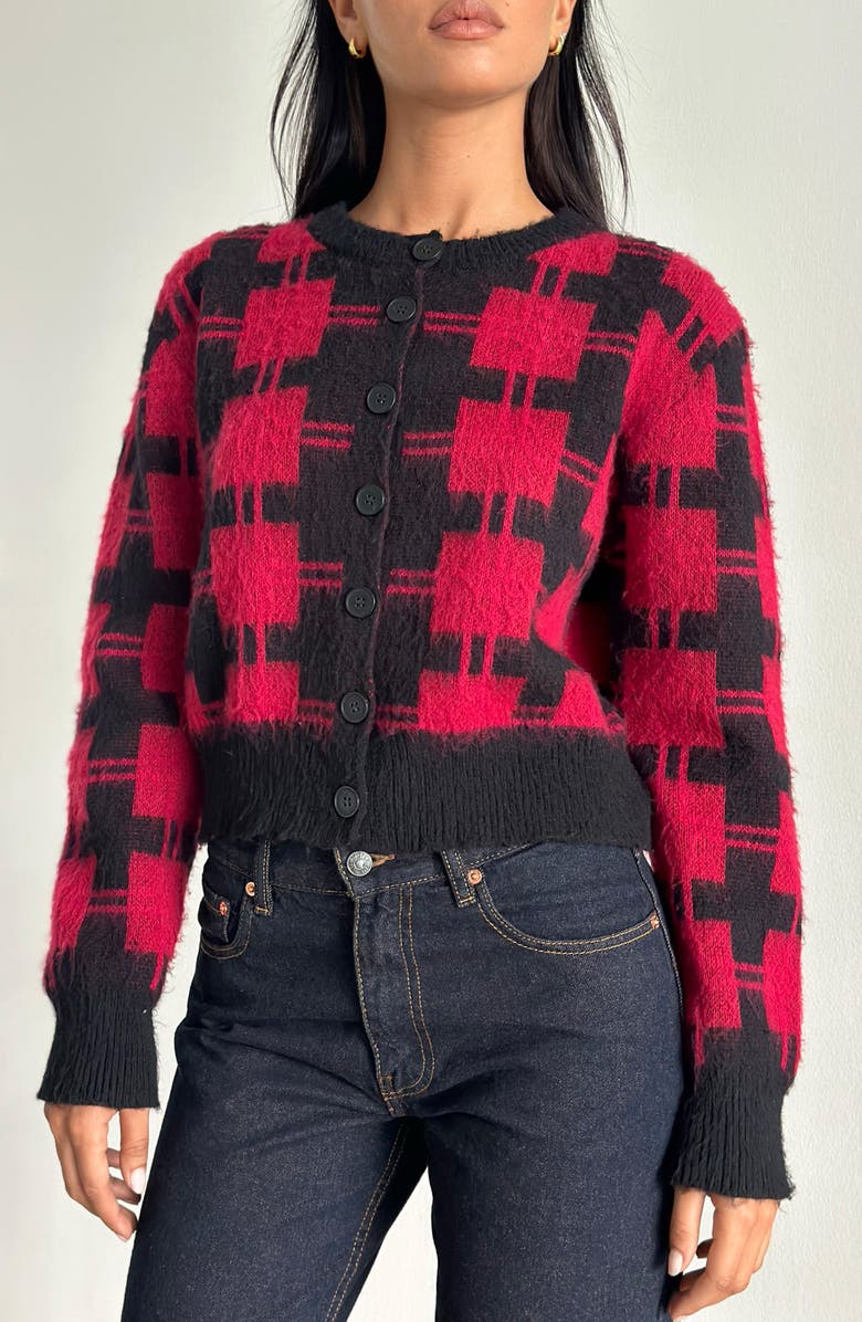 Motel Anzio Checkered Cardigan, Main, color, Black And Red Check