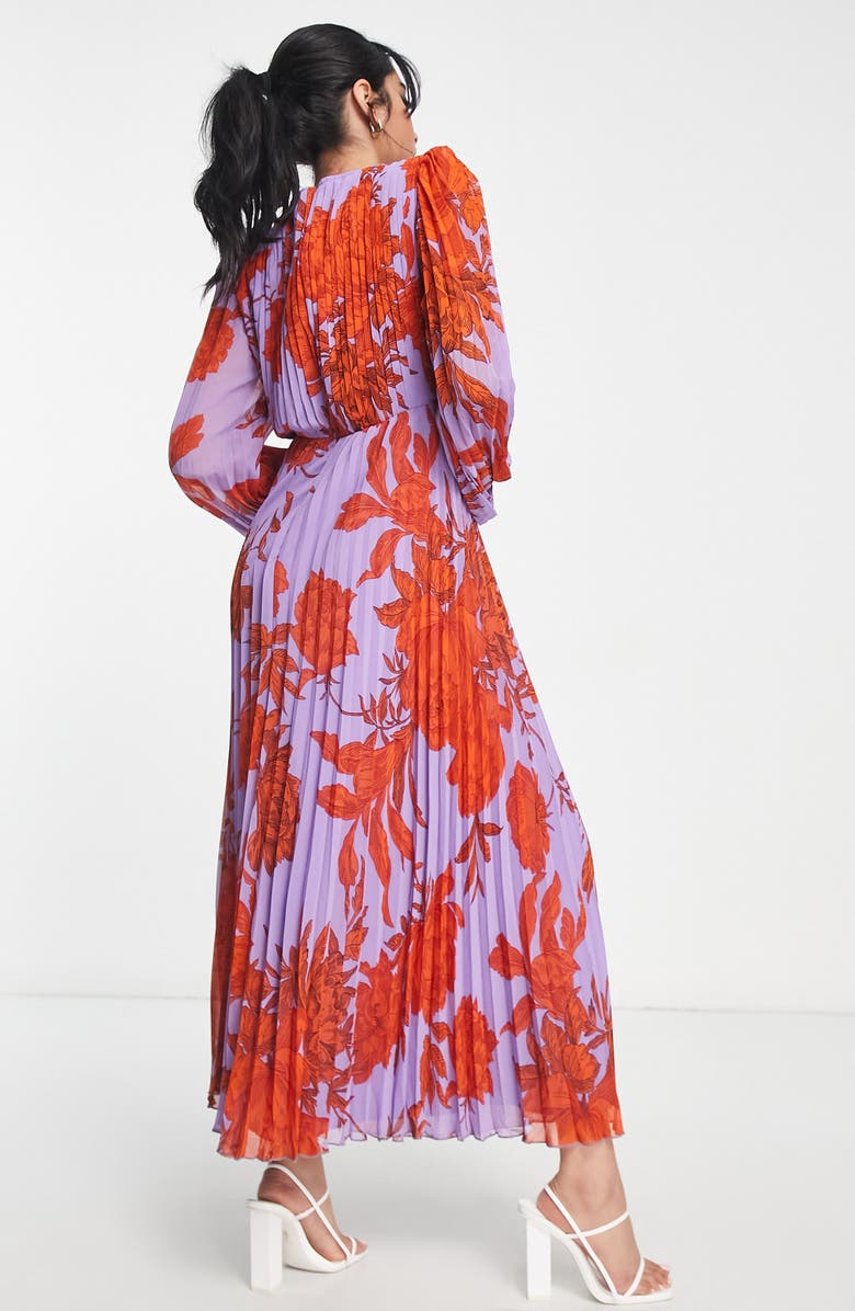 ASOS DESIGN Pleated Floral Long Sleeve Maxi Dress, Alternate, color, 