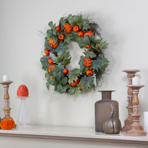 Northlight 24in Maple & Fern Leaves With Pumpkins Artificial Wreath In Multi