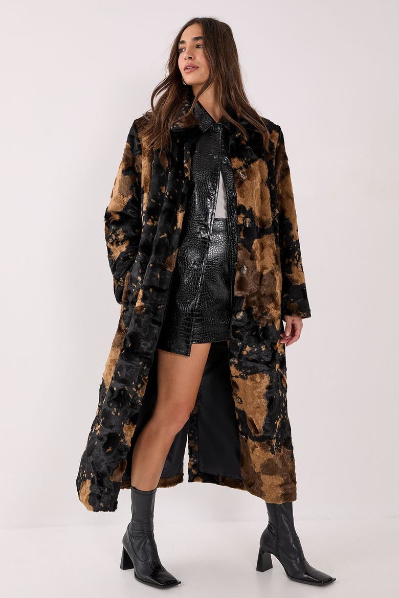 Cow Print Faux Fur Longline Coat, Main, color, Brown