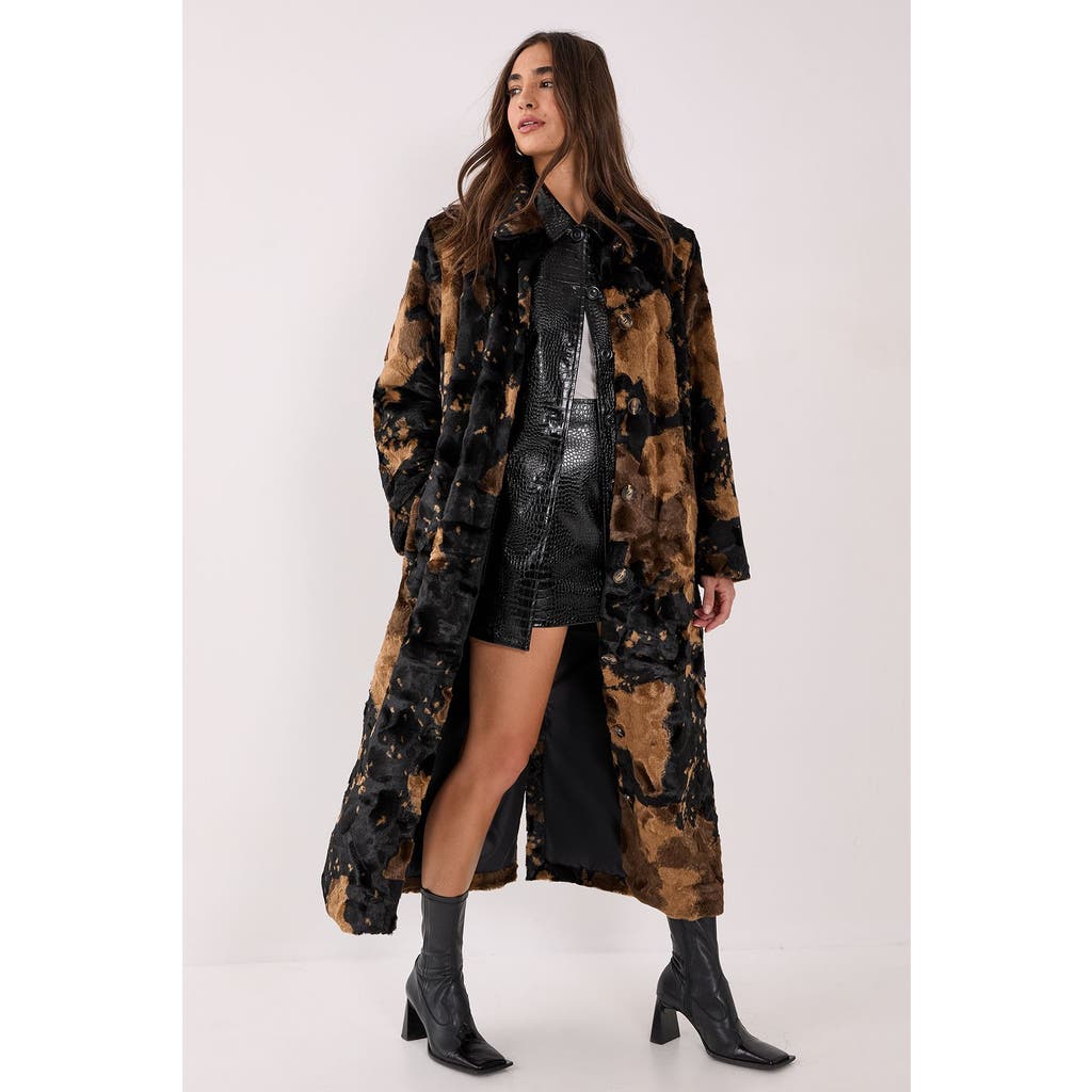 Nasty Gal Cow Print Faux Fur Longline Coat In Brown