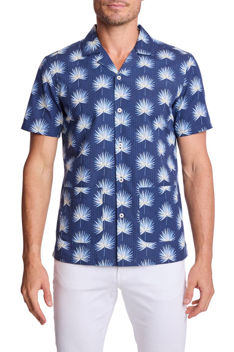 Frond Cotton Blend Camp Shirt, Main, color, OCEAN WHITE SEERSUCKER