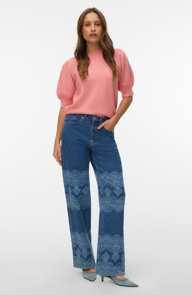 VERO MODA High Waist Laser Print Wide Leg Jeans, Alternate, color, Medium Blue Denim Laser Lace
