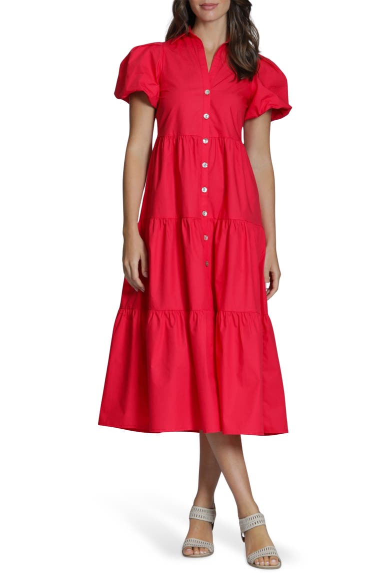 Puff Sleeve Tiered Cotton Midi Dress, Main, color, RED