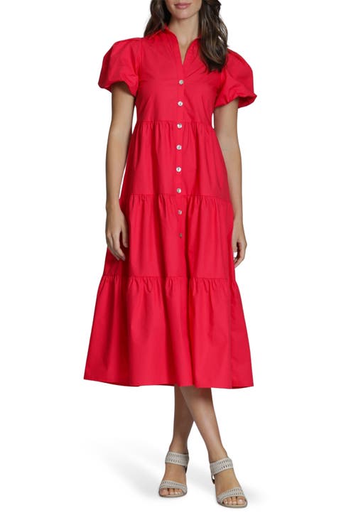 Puff Sleeve Tiered Cotton Midi Dress