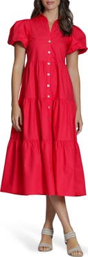 APNY Puff Sleeve Tiered Cotton Midi Dress