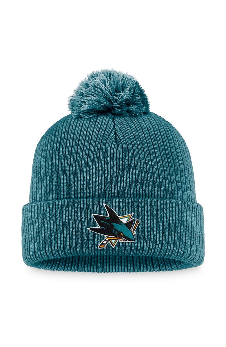 FANATICS Men's Fanatics Branded Teal San Jose Sharks Core Primary Logo Cuffed Knit Hat with Pom, Main, color,