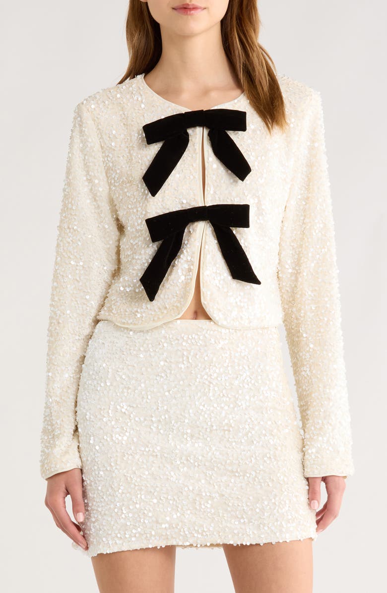 All in Favor Sequin Velvet Bow Jacket, Main, color, Cream Black