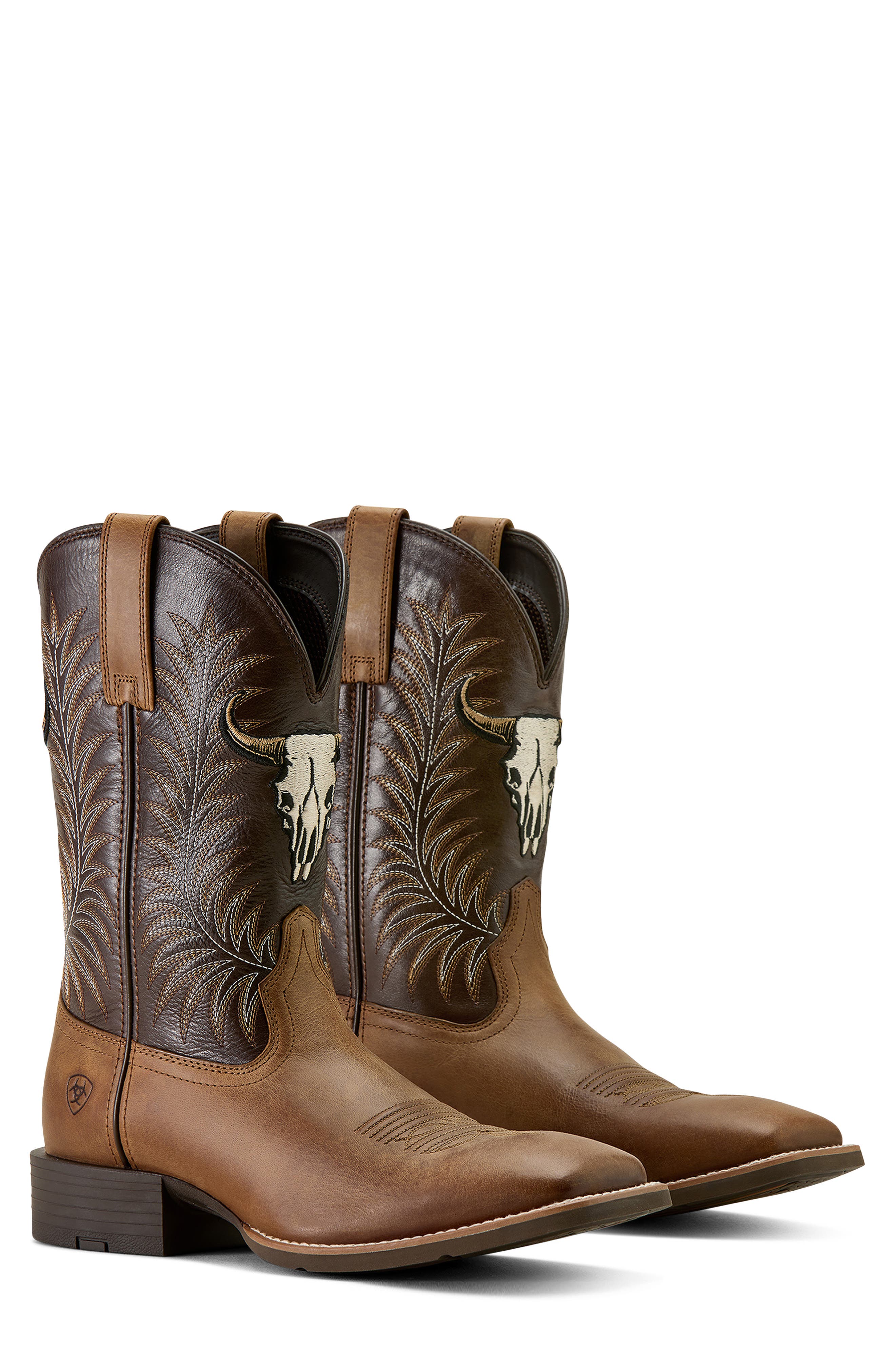 Ariat Sport Steer Skull Wide Square Toe Cowboy Boot, Alternate, color, Brown