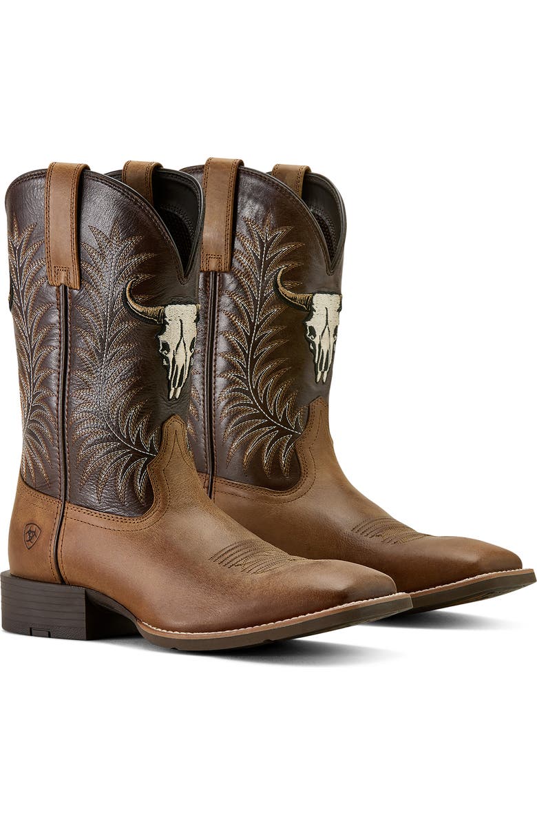 Ariat Sport Steer Skull Wide Square Toe Cowboy Boot, Alternate, color, Brown