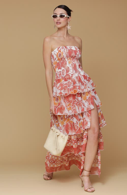 Avec Les Filles Mixed Print Strapless Tiered Maxi Dress In Red