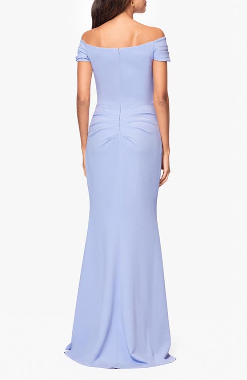 Xscape Evenings Ruched Scuba Off The Shoulder Gown In Sky Blue
