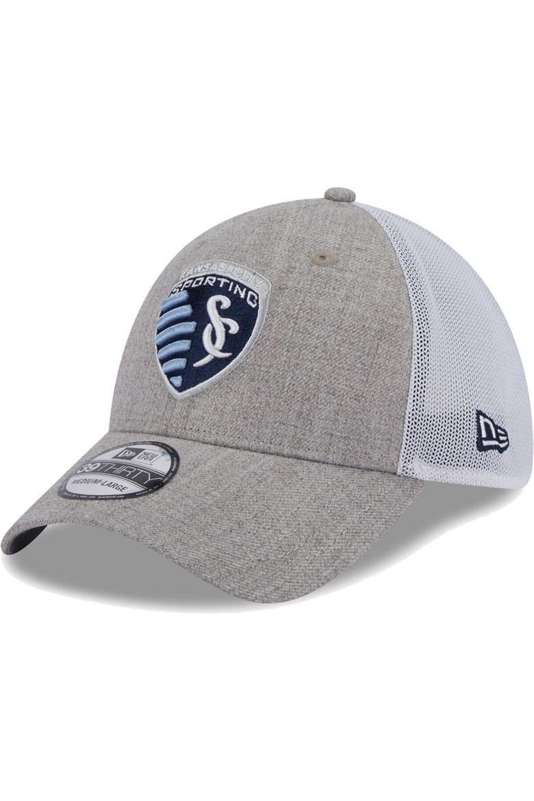 Men's New Era Heather Gray/White Sporting Kansas City 39THIRTY Trucker Flex Hat, Main, color, Heather Gray