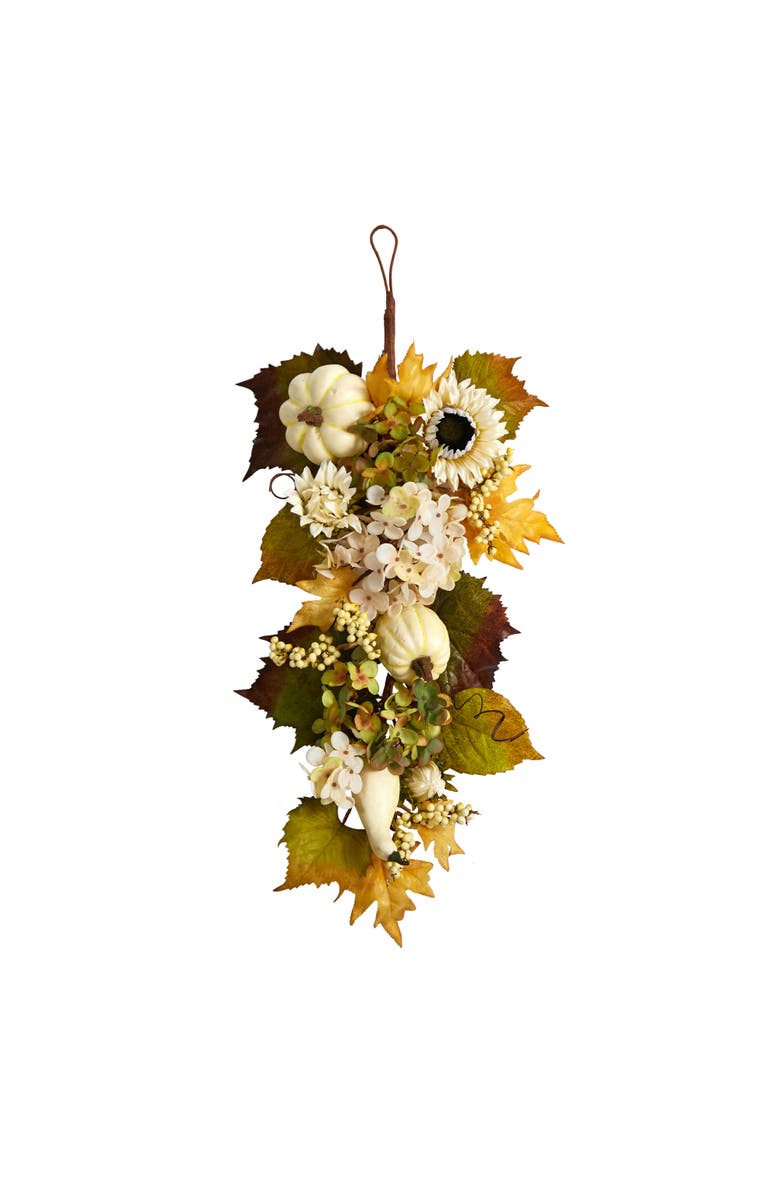 NEARLY NATURAL 33-in Fall Sunflower, Hydrangea and White Pumpkin Artificial Autumn Teardrop, Main, color, Yellow
