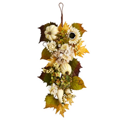 33-in Fall Sunflower, Hydrangea and White Pumpkin Artificial Autumn Teardrop