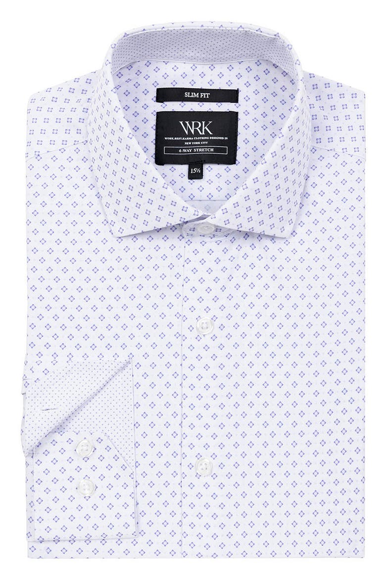 Slim Fit Double Diamond Print Performance Dress Shirt, Alternate, color, WHITE/ PURPLE